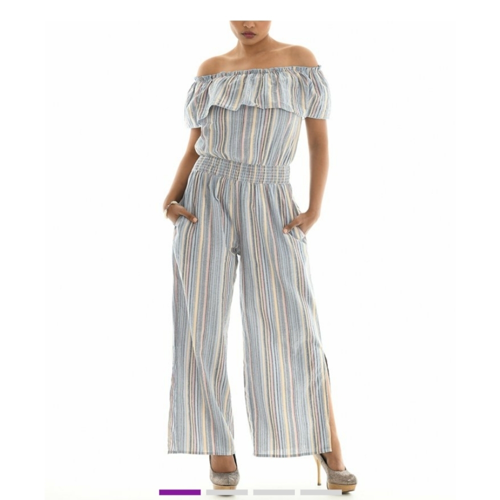 🆕 1X Striped Smocked-Waist Off-Shoulder Jumpsuit